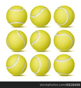 Realistic Tennis Ball Set Vector. Classic Round Yellow Ball. Different Views. Sport Game Symbol. Isolated Illustration. Realistic Tennis Ball Set Vector. Classic Round Yellow Ball. Different Views. Sport Game Symbol. Isolated