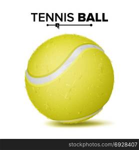 Realistic Tennis Ball Vector. Classic Round Yellow Ball. Sport Game Symbol. Illustration. Yellow Tennis Ball Isolated Vector. Realistic Illustration