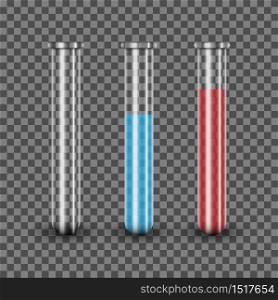 Realistic test tube with blue and red solution, vector illustration