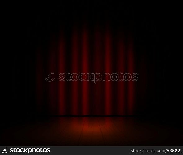 Realistic theater stage. Red curtains and spotlight, Broadway show background, elegant cinema drape. Vector textile 3D concert vintage scene. Realistic theater stage. Red curtains and spotlight, Broadway show background, elegant cinema drape. Vector 3D concert scene