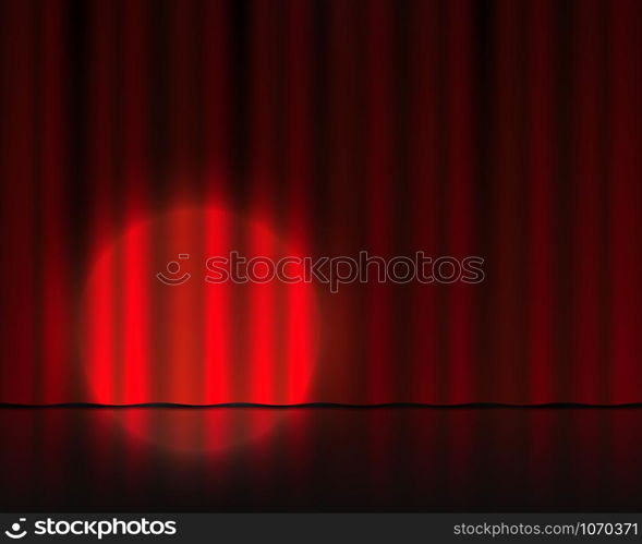 Realistic theater stage. Red velvet curtains and spotlight illumination. Circus or cinema drape. Vector isolated 3D theater background with round spot light as a highlight effect empty theatre stage. Realistic theater stage. Red curtains and spotlight. Circus or cinema drape. Vector 3D theater background