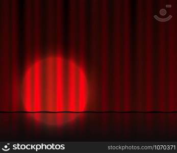 Realistic theater stage. Red velvet curtains and spotlight illumination. Circus or cinema drape. Vector isolated 3D theater background with round spot light as a highlight effect empty theatre stage. Realistic theater stage. Red curtains and spotlight. Circus or cinema drape. Vector 3D theater background