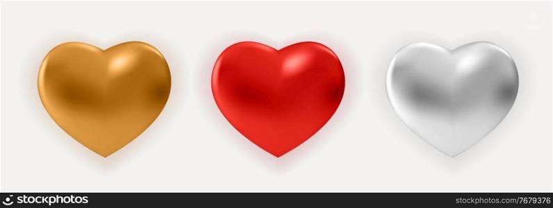 Realistic Three Golden, Red and Silver Glossy Metal Heart. 3d Vector Illustration. Realistic Three Golden, Red and Silver Glossy Metal Heart. 3d Vector Illustration EPS10