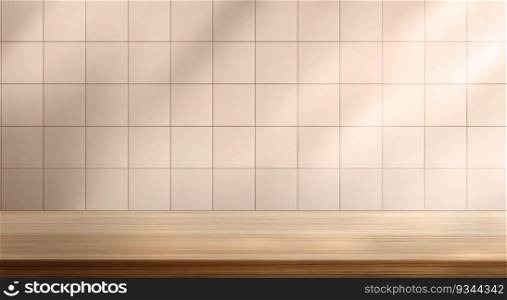 Realistic tiled kitchen or bathroom wall with wooden shelf and shadows. Vector illustration of natural oak table top for cooking, beauty product presentation platform, trendy beige interior element. Realistic tiled kitchen wall with wooden shelf