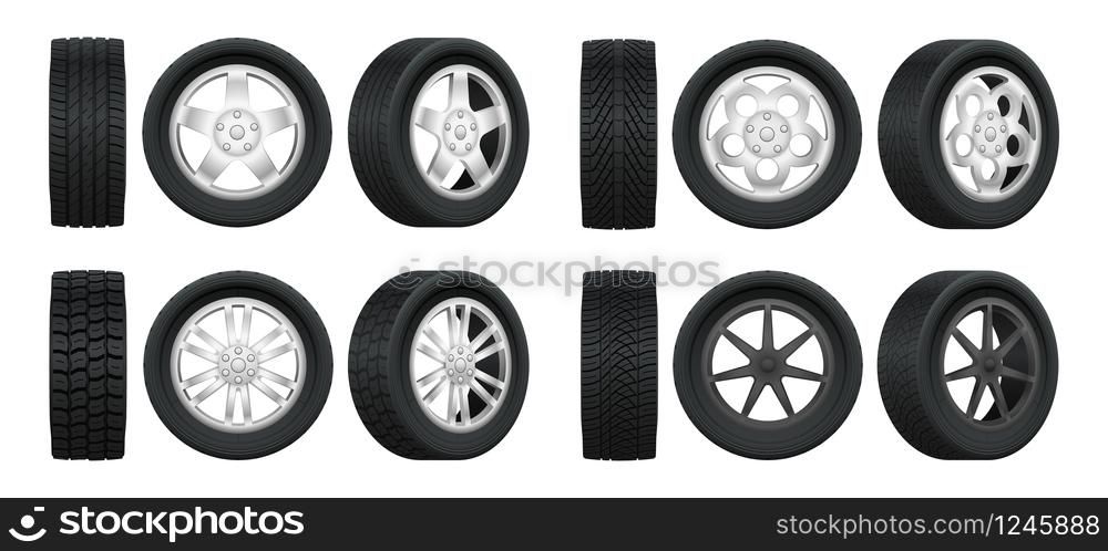 Realistic tires. 3d auto tyres and alloy rims, car wheels with different tread patterns from side and front views, auto technology service isolated vector set. Realistic tires. 3d auto tyres and alloy rims, car wheels with different tread patterns from side and front views, auto service vector set