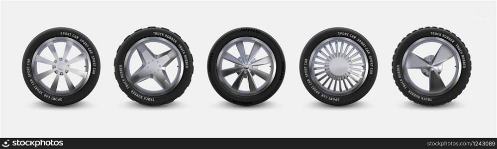 Realistic tires set. Truck wheels isolated on white, winter and summer car tires, 3D detailed aluminum alloy rims. Vector black automobile rubber with different rims for vehicle. Realistic tires set. Truck wheels isolated on white, winter and summer car tires, 3D detailed aluminum alloy rims. Vector black automobile rubber