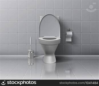 Realistic toilet. 3D room interior mockup with white ceramic wall and floor, toilet paper brush and toilet bowl with open cover. Vector illustrations contemporary bathroom tile and sanitary. Realistic toilet. 3D room interior mockup with white ceramic wall and floor toilet paper brush and toilet bowl. Vector bathroom