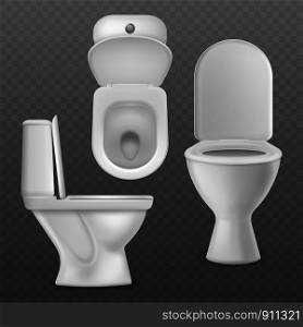 Realistic toilet bowl. White toilet basin, clean lavatory bathroom ceramic bowls group top, side and front view. Toilet seating interior equipment vector mockups. Realistic toilet bowl. White toilet basin, clean lavatory bathroom ceramic bowls group top, side and front view. Toilet vector mockups