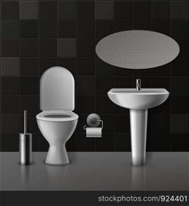 Realistic toilet interior. White toilets mockup, ceramics sanitary objects, bowl sink with faucet. Wc seat and mirror vector home contemporary concept. Realistic toilet interior. White toilets mockup and ceramics sanitary objects, bowl sink with faucet. Wc seat and mirror vector concept