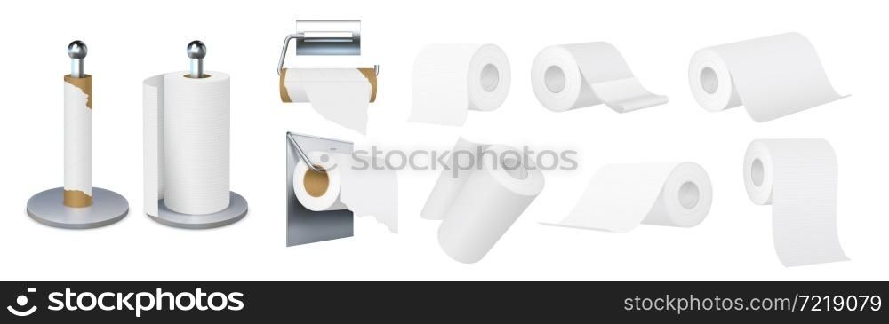 Realistic toilet paper and kitchen towels roll metal holder. Hygiene bath 3d napkins. Empty brown tube. Tissue rolls on hangers vector set. Household objects for restroom or lavatory. Realistic toilet paper and kitchen towels roll metal holder. Hygiene bath 3d napkins. Empty brown tube. Tissue rolls on hangers vector set