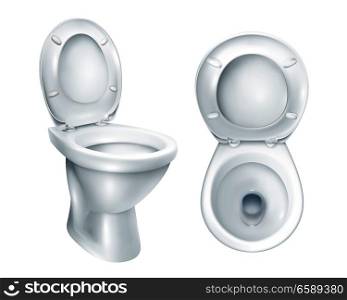 Realistic toilet top view and general mockup with raised plastic seat on white background isolated vector illustration. Realistic Toilet Mockup