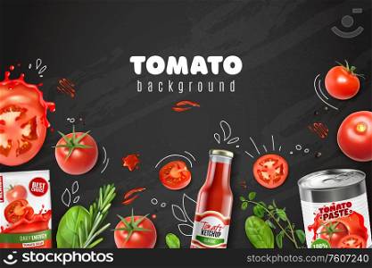 Realistic tomato chalkboard background with sketch style images drawn next to vegetables paste juice and ketchup vector illustration