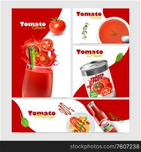 Realistic tomato collection with banners of different size and orientation with text and images of dishes vector illustration