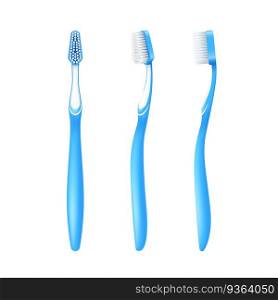 Realistic toothbrush from different sides isolated on white background, 3d tooth brush set. Dental tool for oral hygiene. Vector illustration. Realistic toothbrush from different sides isolated on white background, 3d tooth brush