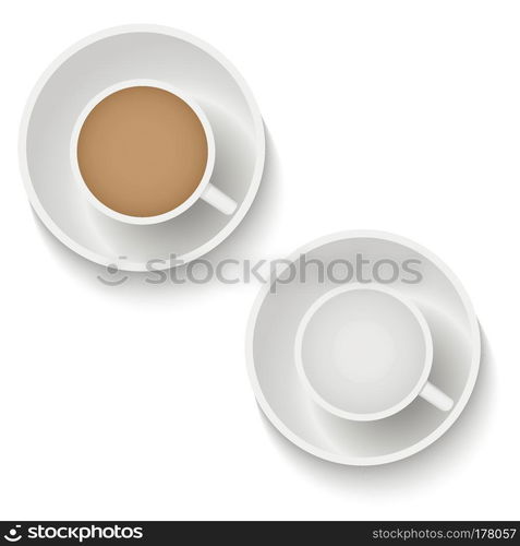 Realistic top view coffee cup and saucer isolated on white background. Vector illustration.