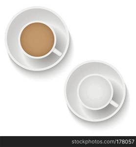 Realistic top view coffee cup and saucer isolated on white background. Vector illustration.