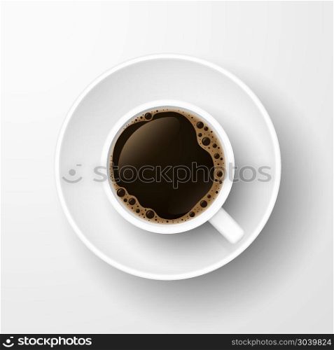 Realistic top view coffee cup isolated on white. Realistic top view black coffee cup and saucer isolated on white background. Vector illustration