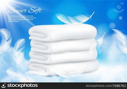 Realistic towels background. Vector white towels with feathers. Illustration of cotton towel for bathroom or sauna. Realistic towels background. Vector white towels with feathers