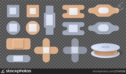 Realistic transparent and beige medical adhesive bandages and plasters. Round wound patches. Elastic antibacterial band aid tape vector set. Illustration of realistic patch adhesive. Realistic transparent and beige medical adhesive bandages and plasters. Round wound patches. Elastic antibacterial band aid tape vector set