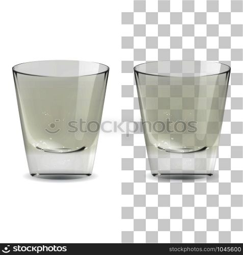 Realistic transparent and isolated whiskey shot glass. Alcohol drink glass vector icon illustration. Vector realistic transparent and isolated whiskey shot glass. Alcohol drink glass icon illustration