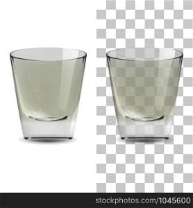 Realistic transparent and isolated whiskey shot glass. Alcohol drink glass vector icon illustration. Vector realistic transparent and isolated whiskey shot glass. Alcohol drink glass icon illustration
