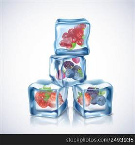 Realistic transparent blue ice cubes with berries inside vector illustration. Ice Cubes With Berries