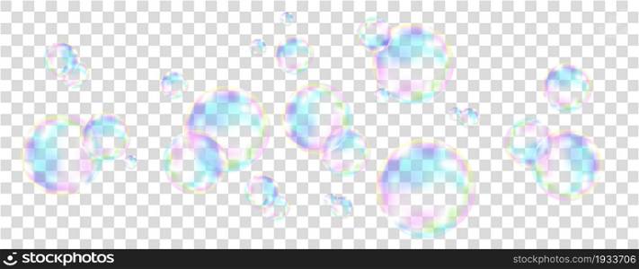 Realistic transparent colorful soap bubbles with rainbow reflection isolated on checkered background. Vector texture.