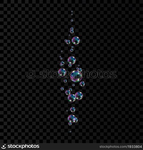 Realistic transparent colorful soap bubbles with rainbow reflection isolated on checkered background. Vector texture.