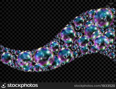 Realistic transparent colorful soap bubbles with rainbow reflection isolated on wave background. Vector texture.