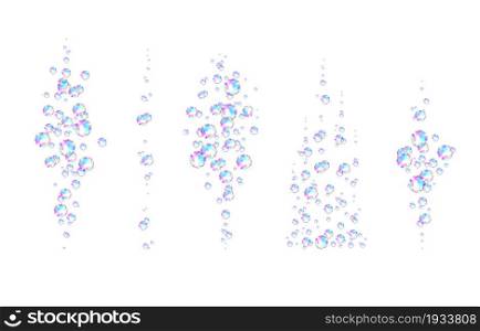 Realistic transparent colorful soap bubbles with rainbow reflection isolated on white background. Vector texture.