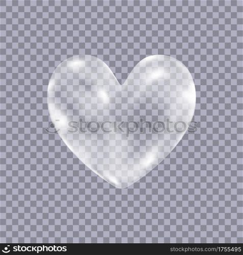 Realistic transparent white soap bubbles in shape of the heart isolated on checkered background. Symbol of love. Design element for romantic valentines day card. Vector texture.