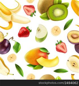 Realistic tropical fruits and berries seamless tileable colorful pattern design for wrapping paper and textile vector illustration . Fruits Berries Seamless Colorful Pattern