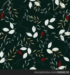 Realistic tropical leaves, branches and foliage seamless pattern for floral fabric design. Botanical hand drawing or painting vector illustration. Nature green and red  tropic hawaii background and wallpaper.