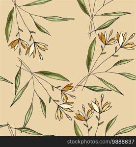 Realistic tropical leaves, branches and foliage seamless pattern for floral fabric design. Botanical hand drawing or painting vector illustration. Nature green and yellow hawaii background and wallpaper.