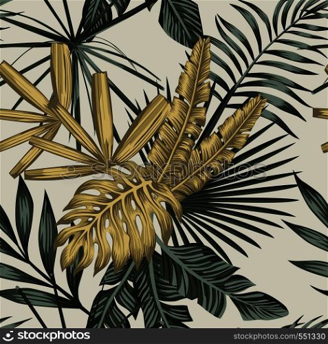 Realistic tropical vector composition from golden and green palm banana monstera leaves seamless pattern on the white background