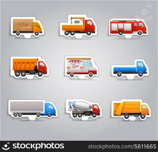 Realistic truck lorry transport van auto paper stickers set isolated vector illustration