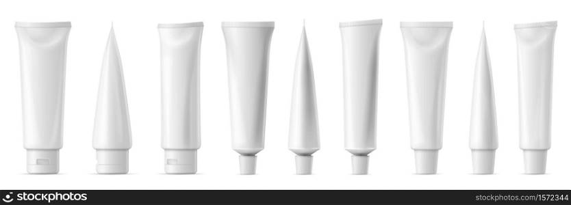 Realistic tube mockup. White plastic tuba for toothpaste, cream, gel and shampoo. Blank packaging front and side view vector mockup. Template for medicine or cosmetics set illustration. Realistic tube mockup. White plastic tuba for toothpaste, cream, gel and shampoo. Blank packaging front and side view vector mockup