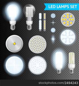 Realistic turned on and off led lamps and lights effects of different size and shape set isolated on transparent background realistic vector illustration. Led Lamps Transparent Set