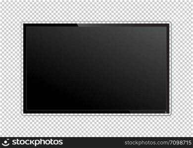 Realistic TV screen on transparent background. Modern stylish lcd panel, led type. Large computer monitor display mockup. Blank television template. Graphic design element for catalog, web site, as mock up. Vector illustration eps 10