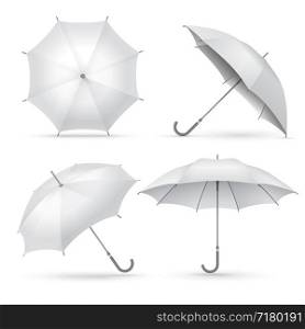 Realistic umbrella. White rain or sun open umbrellas. Isolated vector illustration. Protection rain and sun, collection of parasol with handle. Realistic umbrella. White rain or sun open umbrellas. Isolated vector illustration