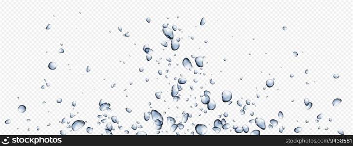 Realistic underwater air bubbles on transparent background. Vector illustration of fizzy drink, sparkling beverage, diving deep into sea or ocean water, aqua splash, laundry detergent foam effect. Realistic underwater air bubbles