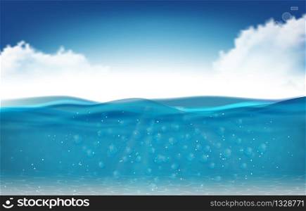 Realistic underwater background. Ocean deep water, sea under water level, blue wave horizon with sky and cloud. Water surface 3D vector concept