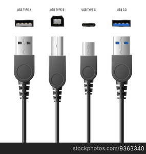 Realistic usb cable connectors, smartphone chargers set with modern types of plugs and sockets for computer connection and charge. 3d vector illustration. Realistic usb cable connectors, smartphone chargers set with modern types of plugs and sockets