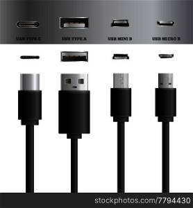 Realistic usb cable connectors types set of images with modern types of usb plugs and sockets vector illustration. USB Cable Socket Set