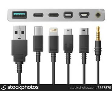Realistic usb types. Smartphone ports, cables with different socket, digital devices connectors, 3d gadgets communications. Mini and micro lightning, computer cable connector utter vector isolated set. Realistic usb types. Smartphone ports, cables with different socket, digital devices connectors, 3d gadgets communications. Mini and micro lightning, computer cable connector utter vector set
