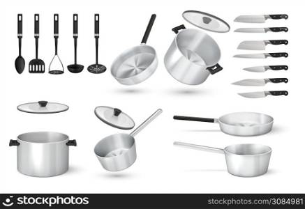 Realistic utensil. 3D steel cooking pots, metal frying pan and aluminum saucepan, knives and cooking tools. Vector isolated set image professional kitchenware. Realistic utensil. 3D steel cooking pots, metal frying pan and aluminum saucepan, knives and cooking tools. Vector isolated set
