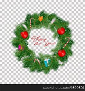 Realistic Vector Christmas Wreath Isolated on Transparent Background. White Ribbons, Red Christmas Balls, Candy, Golden Star, Gifts. Happy New Year Lettering.. Realistic Vector Christmas Wreath Isolated on a Transparent Background