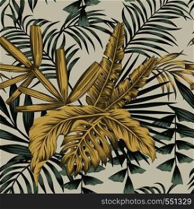 Realistic vector composition from golden and green palm banana leaves seamless pattern on the white background