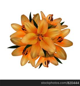Realistic vector flowers background. Bouquet of orange lilies. Isolated vector illustration on white background.