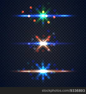 Realistic vector glowing lens flare light effect with stars and sparkles bursts on transparent background